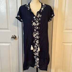 Boden Navy and White Embroidered Mini Dress with Tassels.  Sz 10